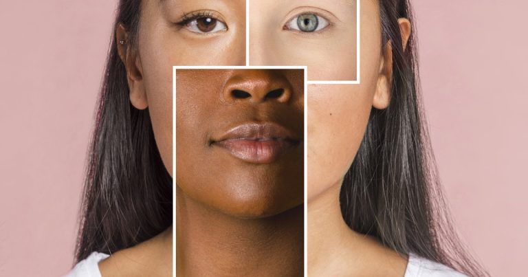 Portrait built from separate facial feature patches, the features physiognomy examples read